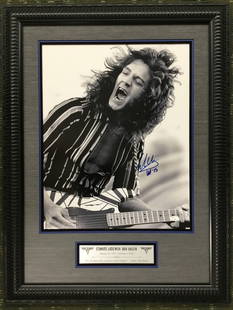 Eddie Van Halen Signed 16x20 Framed Photo Display JSA Authenticated: Eddie Van Halen Signed 16x20 Framed Photo Display JSA Authenticated This is an extremely rare, professionally framed 16x20 photograph of the legendary guitarist Eddie Van Halen, signed perfectly by hi