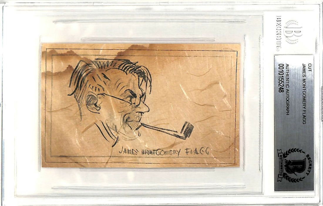 James Montgomery Flagg Signed Cut Signature with Self Portrait BAS Certified 2.75x4.35: James Montgomery Flagg Signed Cut Signature with Self Portrait BAS Certified 2.75x4.35 This original cut signature measures 2.75x4.35 inches and features a self-portrait sketch by James Montgomery Fla