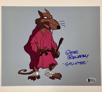 Peter Renaday Signed 8x10 TMNT Splinter Photo with Beckett COA: Peter Renaday Signed 8x10 TMNT Splinter Photo with Beckett COA This is an original signed 8x10 photo of Peter Renaday, known for his voice role in the Teenage Mutant Ninja Turtles (TMNT), featuring th