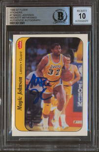 Magic Johnson Signed 1986 Fleer Stickers #7 Card Mint 10 BAS Slabbed: Magic Johnson Signed 1986 Fleer Stickers #7 Card Mint 10 BAS Slabbed This 1986 Fleer Stickers #7 card features the iconic Magic Johnson of the Los Angeles Lakers, personally signed for collectors. Gra
