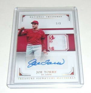Joe Torre 1/3 Limited Edition Signed Game Used Jersey Tag Card: Joe Torre 1/3 Limited Edition Signed Game Used Jersey Tag Card This is a rare collectible item featuring a game-used jersey tag signed by baseball legend Joe Torre. The card is numbered 1/3, making