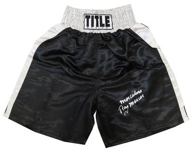 Ray Mercer Signed Boxing Trunks Black Silver Inscription Merciless: Ray Mercer Signed Boxing Trunks Black Silver Inscription Merciless These authentic boxing trunks are signed by legendary heavyweight champion Ray Mercer, featuring a striking black design with a