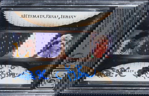 Magic Johnson Larry Bird Signed 2005 Ultimate 3/10 Auto Gem Mint 10 Beckett: Magic Johnson Larry Bird Signed 2005 Ultimate 3/10 Auto Gem Mint 10 Beckett Celebrate basketball history with this autographed 2005 Ultimate Collection Jerseys Dual Gold #DJJB #3/10 card featuring