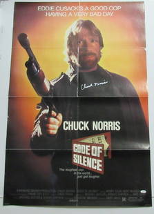 Chuck Norris Autographed Code of Silence Poster 27x40 JSA Certified: Chuck Norris Autographed Code of Silence Poster 27x40 JSA Certified This is a pre-owned, original movie poster for "Code of Silence" featuring an authentic autograph from Chuck Norris. The poster meas