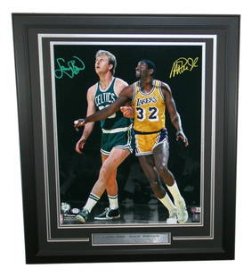 Larry Bird Magic Johnson Autographed Framed 16x20 Photo JSA: Larry Bird Magic Johnson Autographed Framed 16x20 Photo JSA This iconic framed 16x20 photo features NBA legends Larry Bird of the Boston Celtics and Magic Johnson of the Los Angeles Lakers. The photo