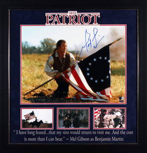Mel Gibson Signed The Patriot 16x20 Framed Photo with COA: Mel Gibson Signed The Patriot 16x20 Framed Photo with COA This stunning 16x20 framed photograph features a horizontal view of the American flag, personally signed by Mel Gibson, known for his role in