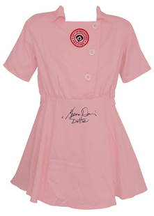 Geena Davis Signed Rockford Peaches Jersey Dottie Inscription SS COA: Geena Davis Signed Rockford Peaches Jersey Dottie Inscription SS COA This is an original Geena Davis signed Rockford Peaches women's baseball jersey, featuring the character name 'Dottie' inscription.