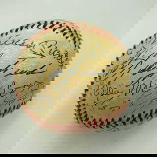 Rare Multi Signed Baseball with 23 Hall of Fame Autographs JSA COA: Rare Multi Signed Baseball with 23 Hall of Fame Autographs JSA COA This remarkable official American League baseball is a rare collectible featuring 23 Hall of Fame autographs, including legendary pla