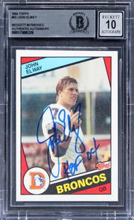 John Elway Signed 1984 Topps #63 Rookie Card HOF 04 Gem Mint 10 Beckett: John Elway Signed 1984 Topps #63 Rookie Card HOF 04 Gem Mint 10 Beckett This 1984 Topps #63 Rookie Card features a stunning autograph from NFL legend John Elway, inscribed with "HOF 04". Graded as Gem