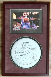 Artimus Pyle Lynyrd Skynyrd Signed 12" Drumhead Custom Framed Display JSA 31" x 19": Artimus Pyle Lynyrd Skynyrd Signed 12" Drumhead Custom Framed Display JSA 31" x 19" This impressive custom framed display features a 12" drum head signed by Artimus Pyle, the legendary drummer of Lyny