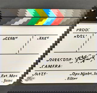 Steven Spielberg Autographed Clapboard Jaws Beckett Authenticated: Steven Spielberg Autographed Clapboard Jaws Beckett Authenticated This original director clapboard features the autograph of acclaimed filmmaker Steven Spielberg, known for his iconic work on the movi