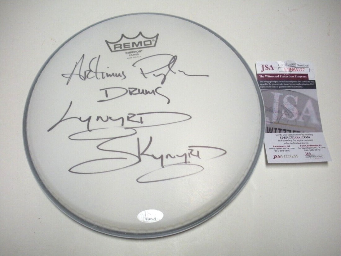 Artimus Pyle Signed Lynyrd Skynyrd Drumhead 10.5 Sweet Home Alabama JSA COA: Artimus Pyle Signed Lynyrd Skynyrd Drumhead 10.5 Sweet Home Alabama JSA COA This original drumhead is signed by Artimus Pyle of Lynyrd Skynyrd, featuring the iconic 'Sweet Home Alabama' title. It is a