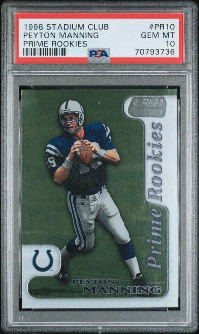 1998 Stadium Club Peyton Manning #PR10 PSA 10 Football Card NFL Original: 1998 Stadium Club Peyton Manning #PR10 PSA 10 Football Card NFL Original This 1998 Stadium Club Peyton Manning #PR10 Prime Rookies football card is a valuable collectible for any NFL fan. Graded a per