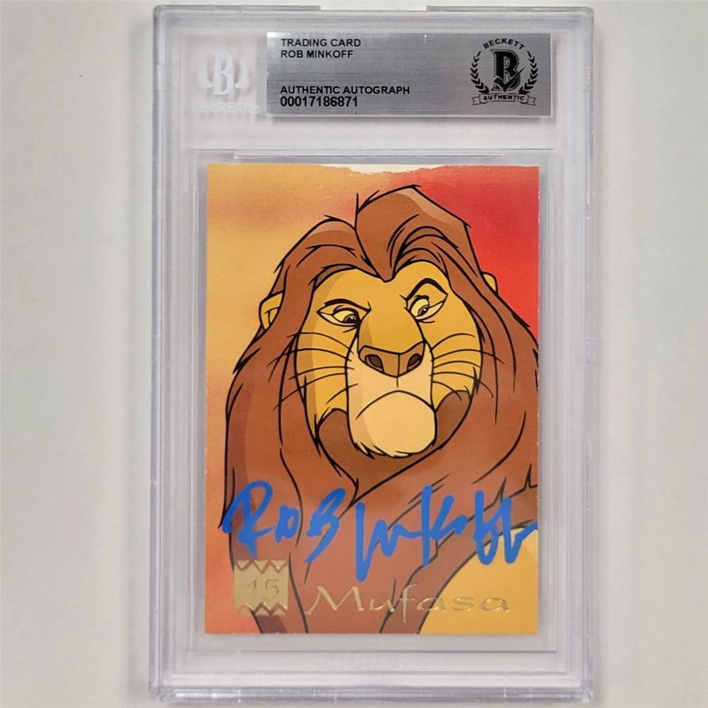 Rob Minkoff Signed 1995 Panini Lion King Mufasa Card PSA Authenticated: Rob Minkoff Signed 1995 Panini Lion King Mufasa Card PSA Authenticated This is a Rob Minkoff signed 1995 Panini Disney Lion King Mufasa card, featuring a hard signed autograph authenticated by Profess