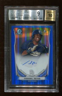 2014 Franmil Reyes Bowman Chrome Blue Refractor RC Auto 112/150 BGS 9: 2014 Franmil Reyes Bowman Chrome Blue Refractor RC Auto 112/150 BGS 9 This is a 2014 Franmil Reyes Bowman Chrome Blue Refractor rookie card, numbered 112/150. The card is a single-insert from the Bowm