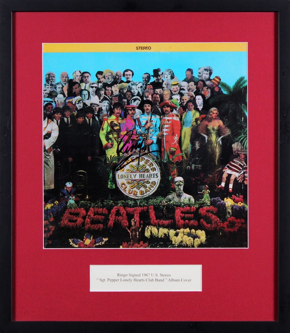 Ringo Starr Signed Framed Beatles Sgt. Pepper Album Cover JSA COA: Ringo Starr Signed Framed Beatles Sgt. Pepper Album Cover JSA COA This is an autographed and framed album cover of "Sgt. Pepper's Lonely Hearts Club Band" by The Beatles, personally signed by Ringo St