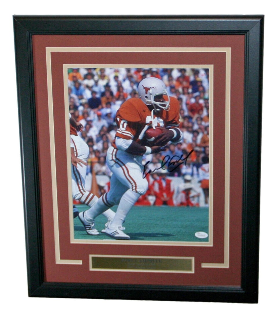 Earl Campbell Signed 11x14 Framed Photo Texas Longhorns JSA Authenticated: Earl Campbell Signed 11x14 Framed Photo Texas Longhorns JSA Authenticated This is an original 11x14 photo of NFL legend Earl Campbell, framed and showcasing his iconic presence as a Texas Longhorns pl