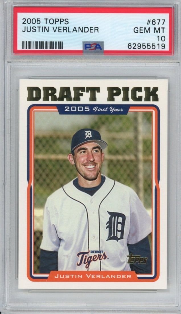 2005 Topps Justin Verlander Rookie Baseball Card PSA 10 Gem Mint: 2005 Topps Justin Verlander Rookie Baseball Card PSA 10 Gem Mint This is a graded 2005 Topps Justin Verlander #677 Rookie RC Baseball Card, achieving a prestigious PSA 10 Gem Mint rating. It is an ori
