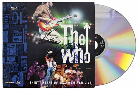 The Who Signed Laserdisc Cover with Daltrey Townshend Entwistle BAS COA: The Who Signed Laserdisc Cover with Daltrey Townshend Entwistle BAS COA This autographed 'Thirty Years Of Maximum R&B Live' Laserdisc cover, complete with disk, features the signatures of legendary ba