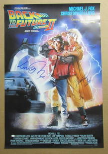 Michael J Fox Christopher Lloyd Signed 27x40 Back to the Future II Poster JSA: Michael J Fox Christopher Lloyd Signed 27x40 Back to the Future II Poster JSA This original autographed 27x40 poster from the iconic movie "Back to the Future II" features signatures from the beloved
