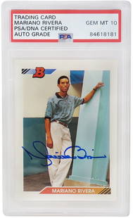 Mariano Rivera Autographed 1992 Bowman Rookie Card #302 PSA GEM Mint 10: Mariano Rivera Autographed 1992 Bowman Rookie Card #302 PSA GEM Mint 10 This Mariano Rivera autographed New York Yankees 1992 Bowman rookie baseball card #302 is a must-have for collectors. The card