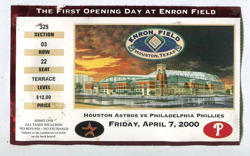 2000 Phillies Astros First Game Ticket Stub Enron Field Original: 2000 Phillies Astros First Game Ticket Stub Enron Field Original Celebrate a piece of baseball history with this original ticket stub from the first regular season game at Enron Field on April 7,