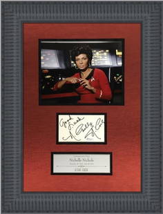 Nichelle Nichols Signed Lt Uhura Custom Framed Display 21 x 15 JSA Authenticated: Nichelle Nichols Signed Lt Uhura Custom Framed Display 21 x 15 JSA Authenticated This stunning custom framed display showcases a cut signature from Nichelle Nichols, renowned for her iconic role as Lt