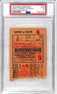 1936 World Series Game 5 Ticket Yankees vs Giants PSA 3: 1936 World Series Game 5 Ticket Yankees vs Giants PSA 3 This original 1936 World Series Game 5 ticket features a matchup between the New York Yankees and the New York Giants. Graded PSA 3, this vintag