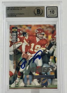 1994 Joe Montana Autographed Trading Card #47 KC Chiefs BAS Auto 10: 1994 Joe Montana Autographed Trading Card #47 KC Chiefs BAS Auto 10 This 1994 Collector's Choice #47 Trad of Excellence sports trading card features a hand-signed autograph by legendary quarterback