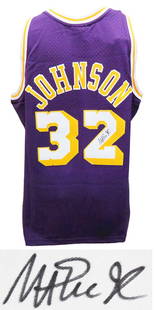 Magic Johnson Signed Lakers Purple Mitchell & Ness Jersey with Hologram: Magic Johnson Signed Lakers Purple Mitchell & Ness Jersey with Hologram Celebrate the legacy of basketball legend Magic Johnson with this signed Los Angeles Lakers purple Mitchell & Ness NBA swingman