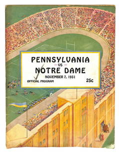 1931 NCAA Football Program Pennsylvania vs Notre Dame Knute Rockne Tribute: 1931 NCAA Football Program Pennsylvania vs Notre Dame Knute Rockne Tribute Offered is an original vintage program from the November 7, 1931, football game between Pennsylvania and Notre Dame, held at
