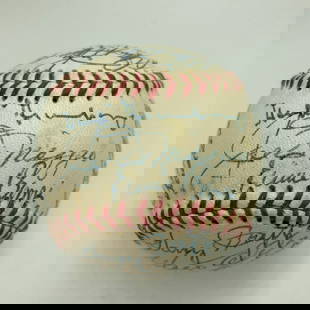 Joe DiMaggio Hank Greenberg Ernie Banks Multi Signed Baseball JSA COA: Joe DiMaggio Hank Greenberg Ernie Banks Multi Signed Baseball JSA COA This remarkable multi-signed baseball features the autographs of baseball legends Joe DiMaggio, Hank Greenberg, and Ernie Banks, a