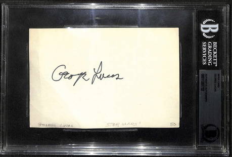 George Lucas Signed 4x6 Index Card 1974 Beckett Authenticated: George Lucas Signed 4x6 Index Card 1974 Beckett Authenticated This remarkable item is an autographed 4 x 6 index card signed by George Lucas, the iconic filmmaker behind Star Wars. The signature is ex