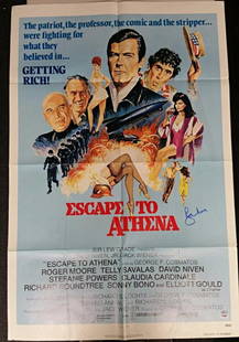 Roger Moore Signed 1979 Escape to Athena Movie Poster 28x40 PSA/DNA COA: Roger Moore Signed 1979 Escape to Athena Movie Poster 28x40 PSA/DNA COA This original movie poster for the 1979 film "Escape to Athena" features the signature of the legendary actor Roger Moore. Measu