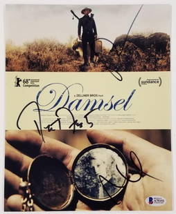 DAMSEL Cast Signed 8x10 Photo Forster Pattinson Beckett COA: DAMSEL Cast Signed 8x10 Photo Forster Pattinson Beckett COA This striking 8x10 photograph features the cast of DAMSEL, showcasing the signatures of three notable actors, including Forster Pattinson. T