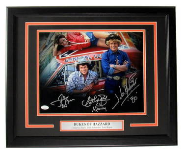 Dukes of Hazzard Signed Photo 11x14 Framed by 3 Cast Members JSA Authenticated: Dukes of Hazzard Signed Photo 11x14 Framed by 3 Cast Members JSA Authenticated This impressive 11x14 photo features the iconic cast from "Dukes of Hazzard," signed and inscribed by three notable membe