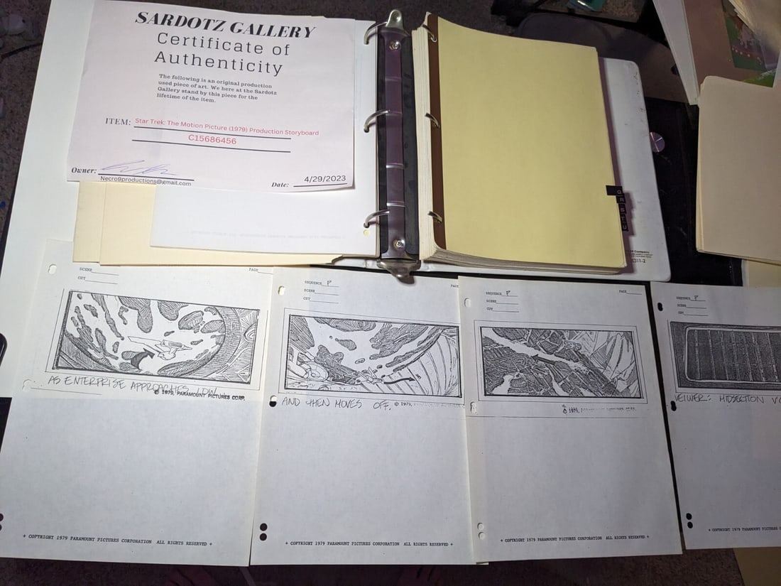 Original 1979 STAR TREK Motion Picture Storyboards with COA: Original 1979 STAR TREK Motion Picture Storyboards with COA This is a remarkable original production prop from the 1979 STAR TREK Motion Picture, featuring storyboards that were used during the film's