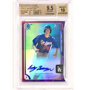2015 Bowman Chrome Cody Bellinger Purple Refractor /250 BGS 9.5 Auto 10 Baseball Card: 2015 Bowman Chrome Cody Bellinger Purple Refractor /250 BGS 9.5 Auto 10 Baseball Card This is a 2015 Bowman Chrome Cody Bellinger rookie card, featuring the rare Green Refractor parallel numbered to 2