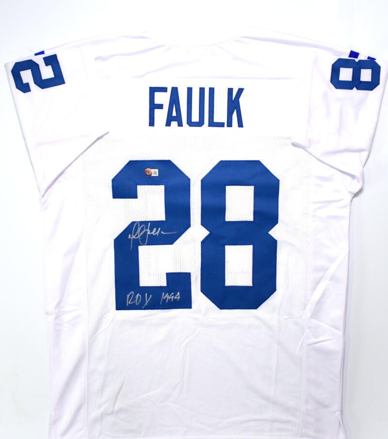 Marshall Faulk Signed Colts Jersey Beckett Authenticated: Marshall Faulk Signed Colts Jersey Beckett Authenticated This is an original white pro style jersey signed by NFL legend Marshall Faulk. As a celebrated player for the Indianapolis Colts, Faulk's auto
