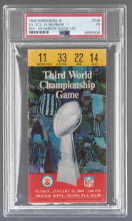1969 Super Bowl III Ticket Stub Jets Colts Joe Namath MVP PSA 1: 1969 Super Bowl III Ticket Stub Jets Colts Joe Namath MVP PSA 1 This is an original ticket stub from Super Bowl III, held in 1969, featuring the New York Jets versus the Baltimore Colts. The Jets