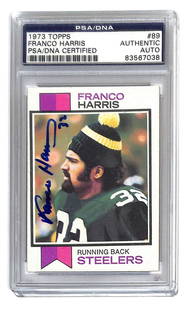 Franco Harris Autographed 1973 Topps Rookie Card RC #89 PSA Authenticated: Franco Harris Autographed 1973 Topps Rookie Card RC #89 PSA Authenticated This is an original 1973 Topps rookie card (#89) of Franco Harris, a legendary player from the Pittsburgh Steelers. The card