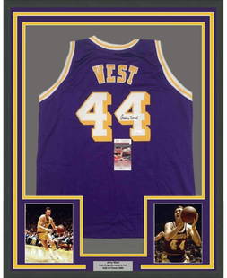 Framed Autographed Jerry West Lakers Jersey 33x42 JSA COA: Framed Autographed Jerry West Lakers Jersey 33x42 JSA COA This striking framed jersey features the autograph of basketball legend Jerry West, known for his iconic role with the Los Angeles Lakers.