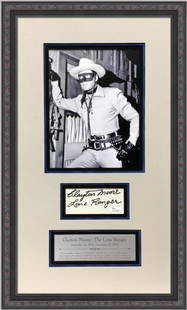 Clayton Moore Signed Cut Signature Display The Lone Ranger JSA 24 x 15: Clayton Moore Signed Cut Signature Display The Lone Ranger JSA 24 x 15 This professionally framed display features a cut signature of Clayton Moore, renowned for his iconic role as The Lone Ranger on