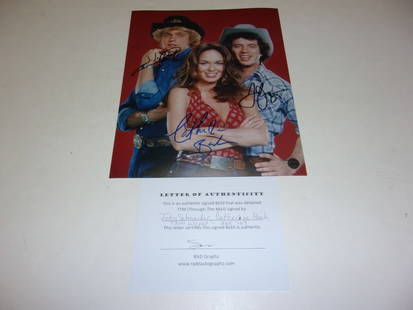 Dukes of Hazzard Signed 8x10 Photo with COA by Bach Schneider Wopat: Dukes of Hazzard Signed 8x10 Photo with COA by Bach Schneider Wopat This is an original 8x10 photograph featuring Catherine Bach, John Schneider, and Tom Wopat from the iconic series Dukes of Hazzard.