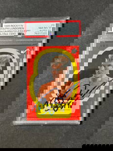 1985 Topps Rocky IV Sticker Signed Dolph Lundgren PSA NM-MT8 Auto 10: 1985 Topps Rocky IV Sticker Signed Dolph Lundgren PSA NM-MT8 Auto 10 This is a 1985 Topps Rocky IV sticker featuring the signature of Dolph Lundgren, known for his role as Ivan Drago in the film. The