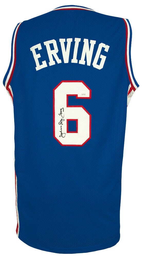 Julius Dr. J Erving Signed XL Blue 76ers Throwback Jersey JSA COA: Julius Dr. J Erving Signed XL Blue 76ers Throwback Jersey JSA COA Celebrate basketball history with this authentic Julius 'Dr. J' Erving signed blue throwback custom basketball jersey. Featuring the i