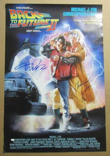 Michael J Fox Christopher Lloyd Signed 27x40 Back to the Future II Poster JSA: Michael J Fox Christopher Lloyd Signed 27x40 Back to the Future II Poster JSA This original 27x40 poster of "Back to the Future II" is autographed by both Michael J. Fox and Christopher Lloyd, adding