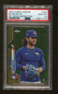Bo Bichette 2020 Topps Chrome Gold Refractor RC 27/50 PSA 10: Bo Bichette 2020 Topps Chrome Gold Refractor RC 27/50 PSA 10 This is a 2020 Topps Chrome #150 SP Gold Refractor rookie card of Bo Bichette, featuring a limited print run of 27 out of 50. The card is g
