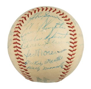 1954 New York Yankees Team Signed Baseball Mickey Mantle Yogi Berra PSA DNA LOA: 1954 New York Yankees Team Signed Baseball Mickey Mantle Yogi Berra PSA DNA LOA This exquisite 1954 New York Yankees Team Signed Baseball is a true collector's gem, featuring the signatures of 27 lege
