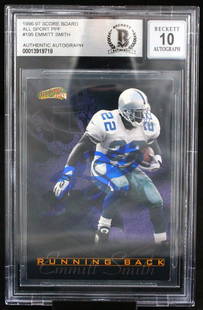 1996-97 Score Board Emmitt Smith Signed Card #195 Cowboys BAS 10: 1996-97 Score Board Emmitt Smith Signed Card #195 Cowboys BAS 10 This is a 1996-97 Score Board All Sport PPF #195 sports trading card featuring Emmitt Smith of the Dallas Cowboys. The card is autograp